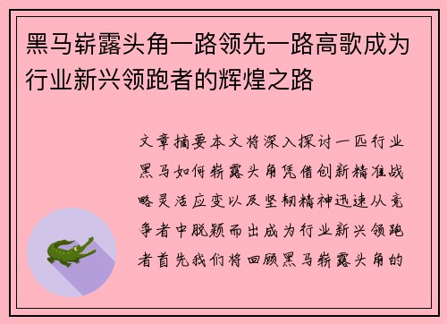 黑马崭露头角一路领先一路高歌成为行业新兴领跑者的辉煌之路