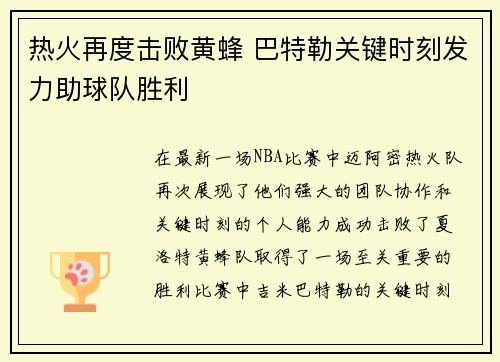 热火再度击败黄蜂 巴特勒关键时刻发力助球队胜利