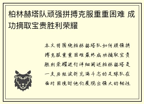 柏林赫塔队顽强拼搏克服重重困难 成功摘取宝贵胜利荣耀