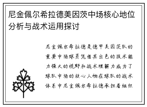 尼金佩尔希拉德美因茨中场核心地位分析与战术运用探讨